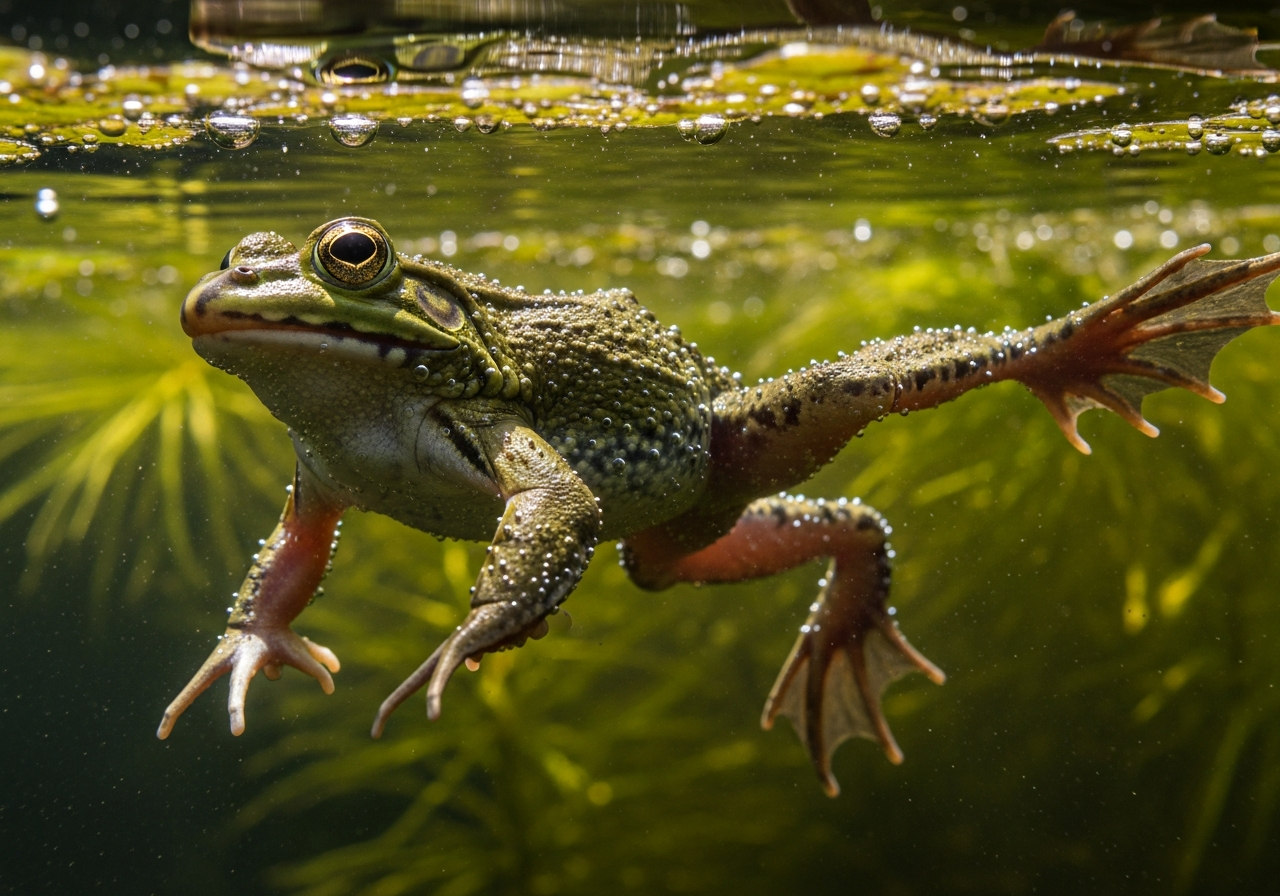 Smooth olive-gray African clawed frog floating in water with limbs splayed out