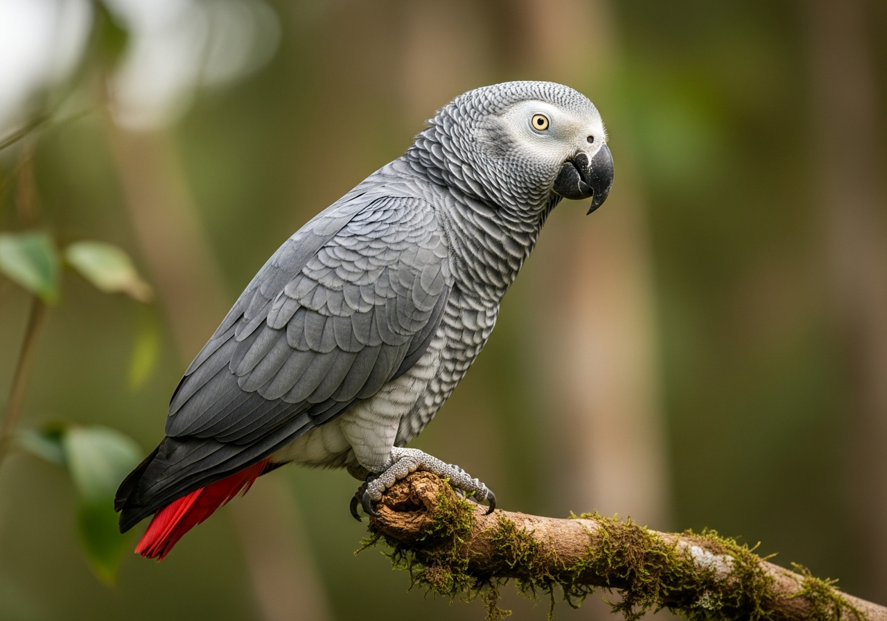 African grey parrot with pale grey feathers and a bright red tail perched on a branch