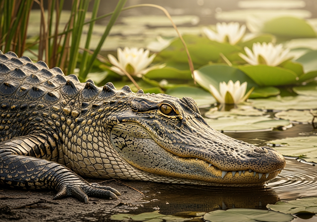 American alligator resting at the edge of a sunlit swamp with reeds
