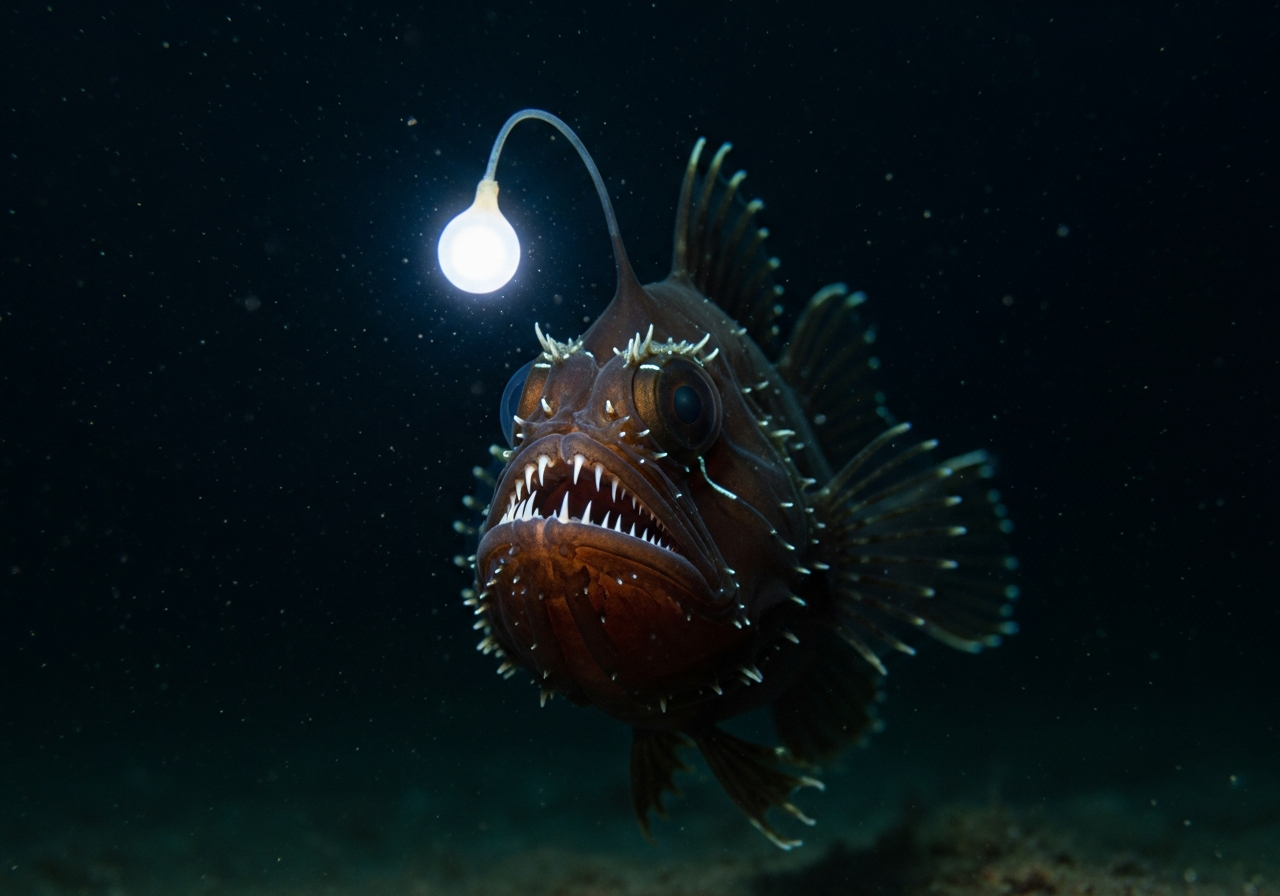 Dark deep-sea anglerfish with a glowing lure and large toothy mouth
