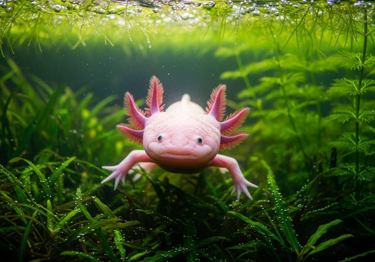 Pink axolotl with feathery external gills underwater