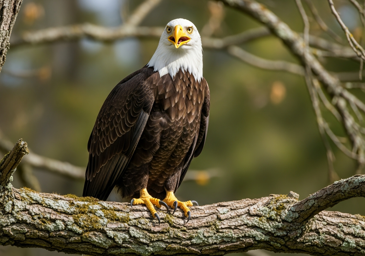 Bald eagle with a white head and yellow beak perched on a branch