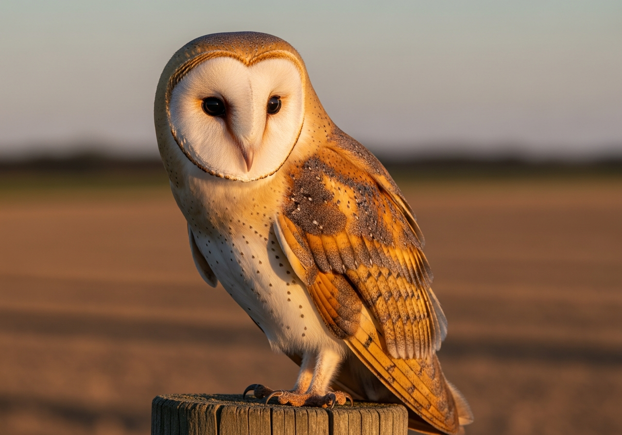 Barn owl with a heart-shaped white face perched on a wooden post at dusk