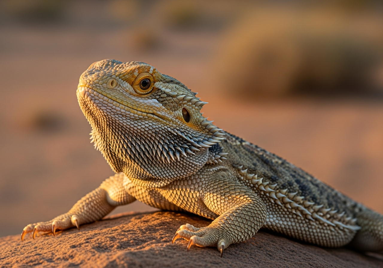 Bearded dragon basking on a warm desert rock with spiny beard