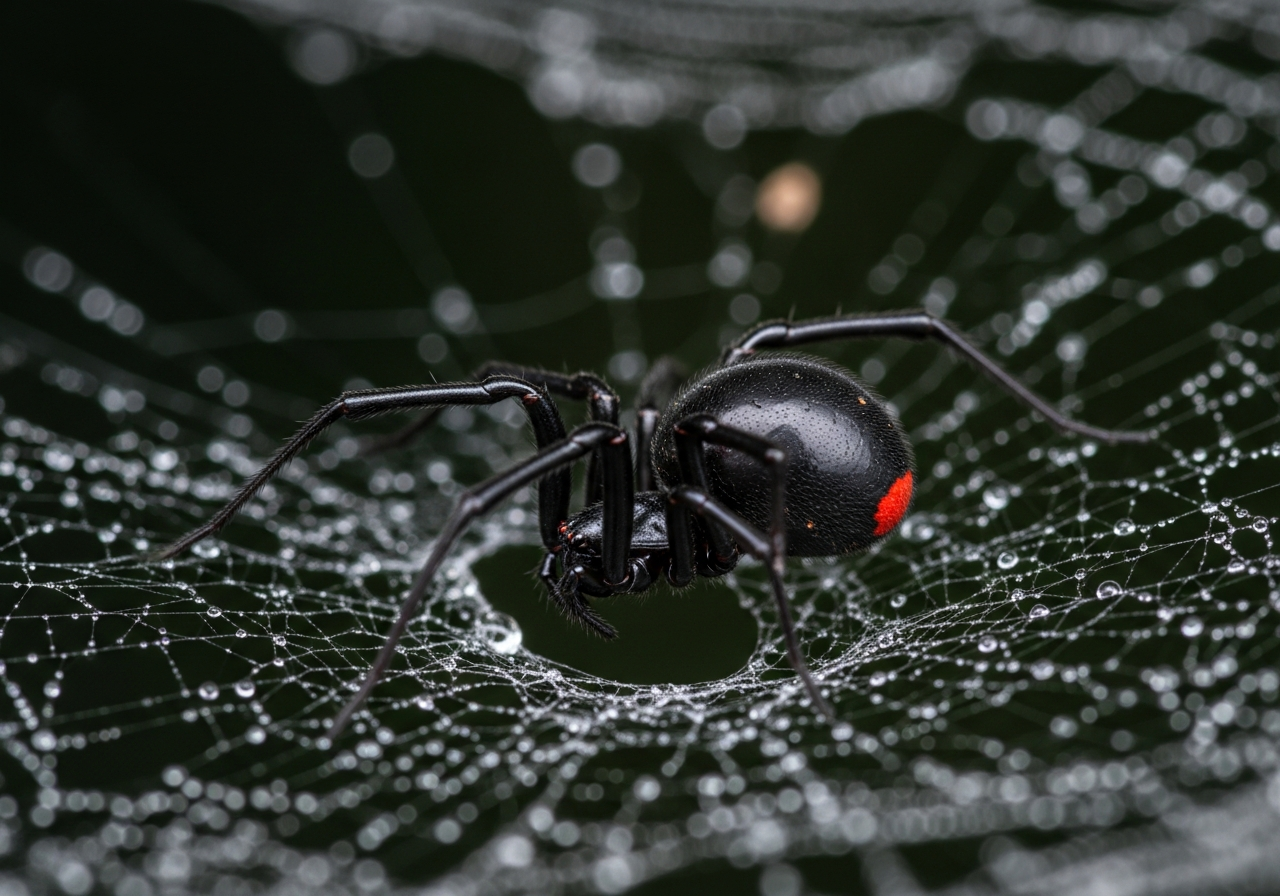 Glossy black widow spider hanging in its web showing the red hourglass marking