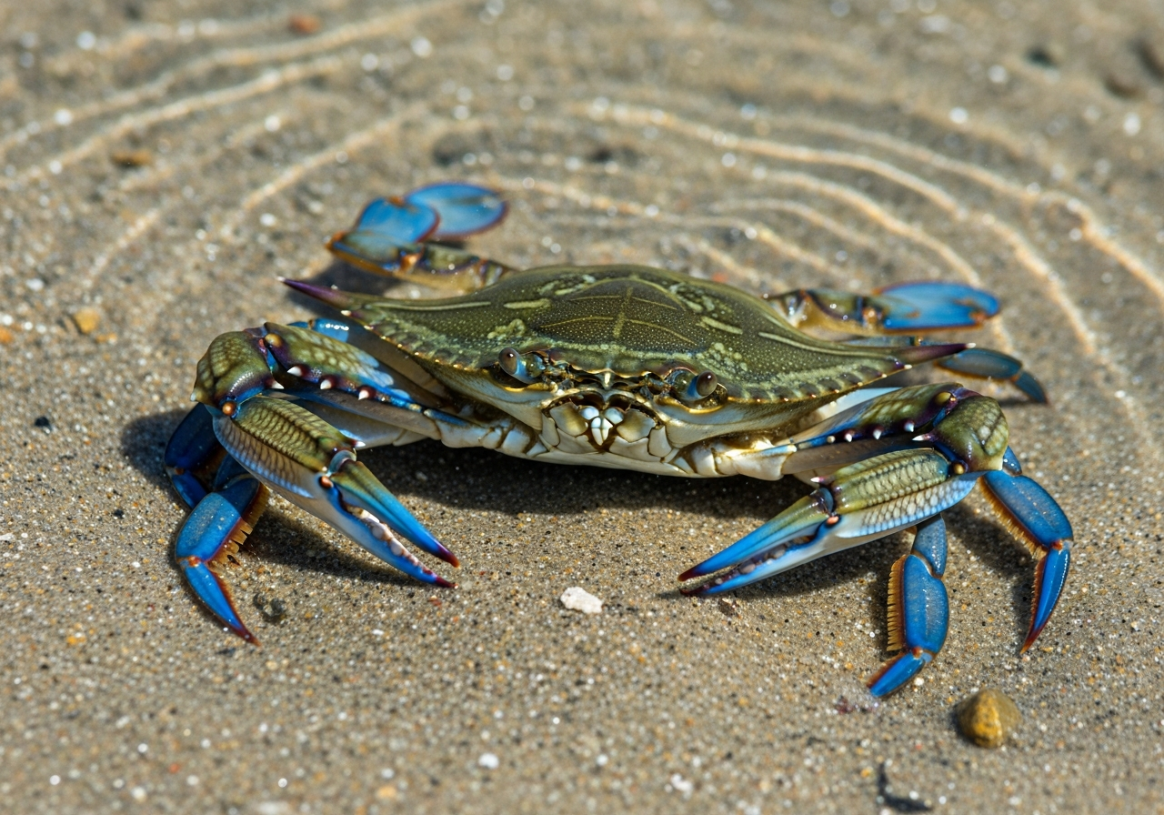Blue crab with bright blue claws and a broad shell on a sandy estuary bottom