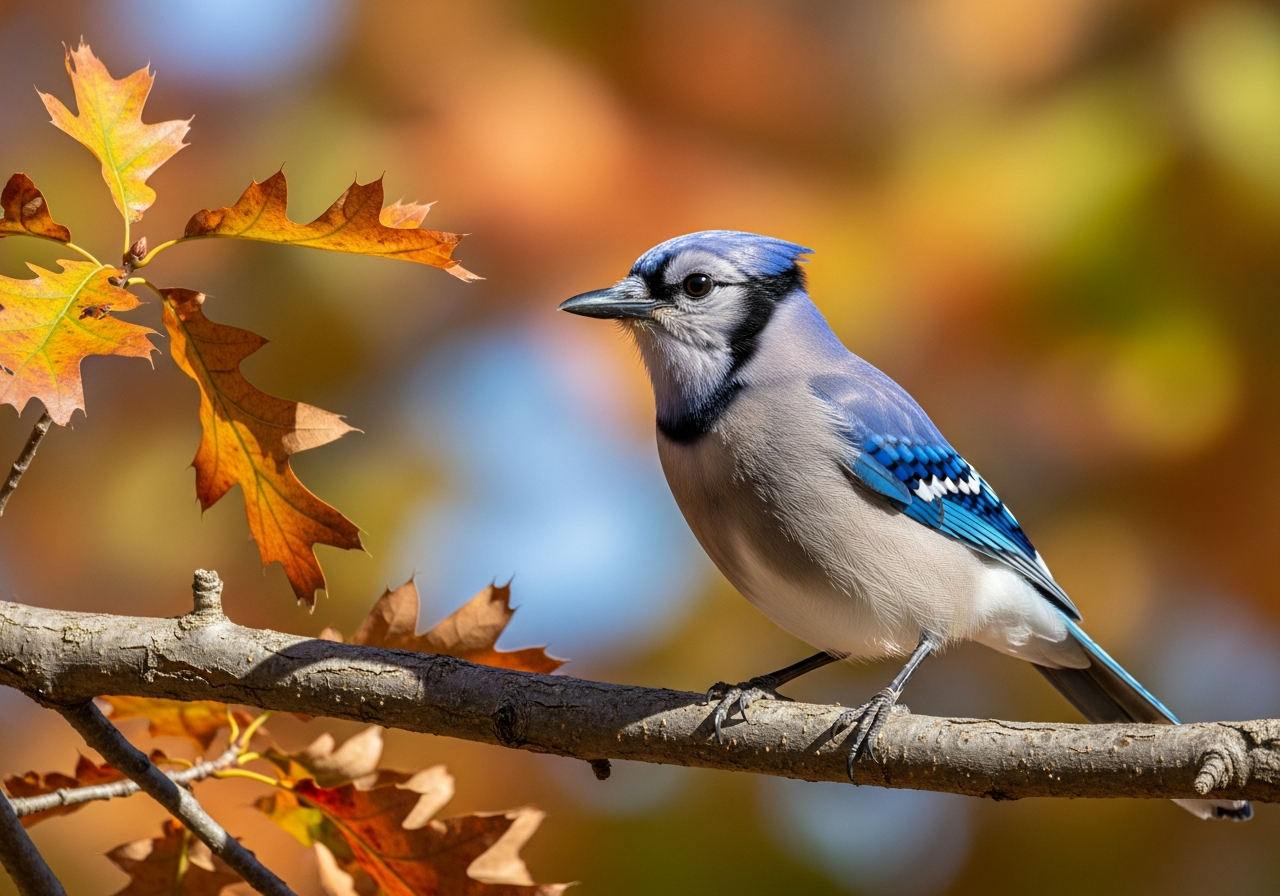 Blue jay with vivid blue crest and black necklace markings perched on an oak branch