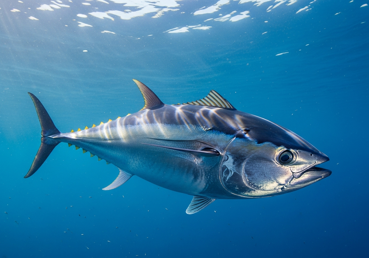 Atlantic bluefin tuna with a streamlined metallic blue body swimming in open ocean
