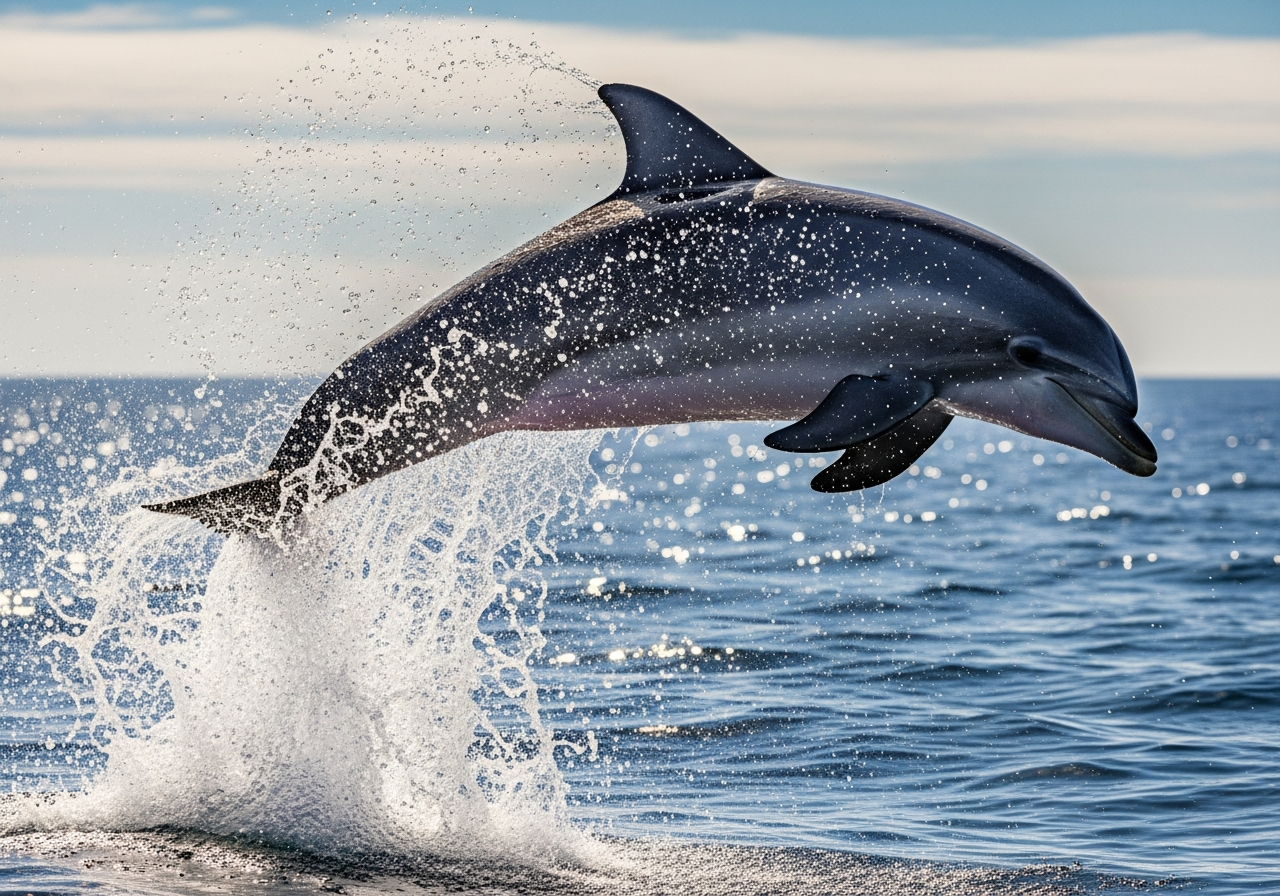 Bottlenose dolphin leaping out of sparkling blue ocean water