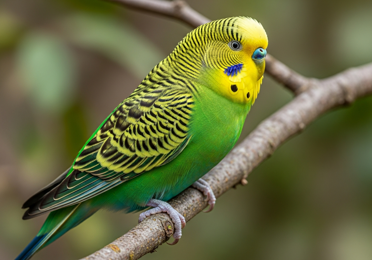 Green and yellow budgerigar parakeet with black barring perched on a branch