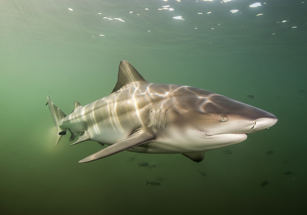 Stocky grey bull shark swimming through murky coastal water near the seabed