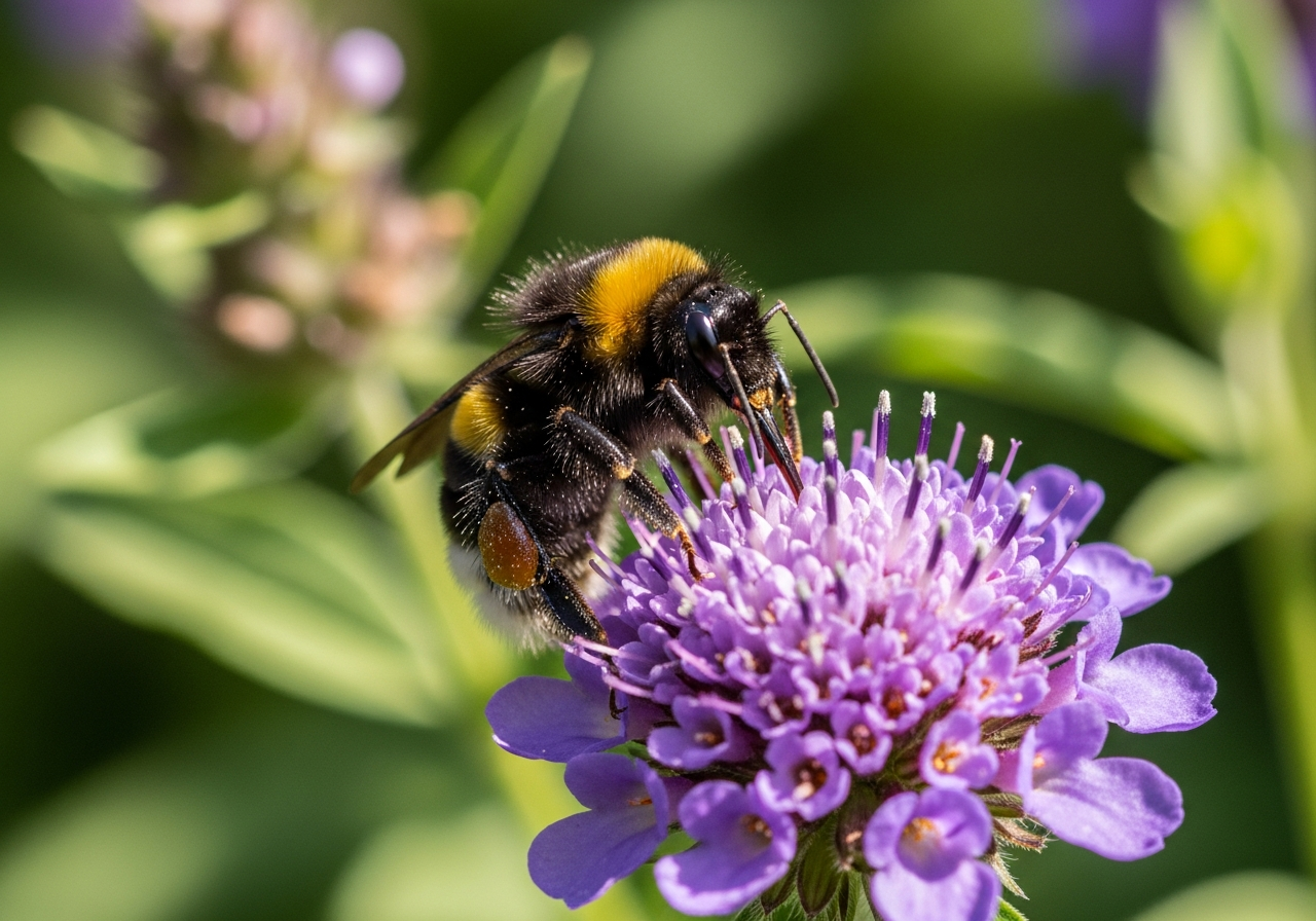 Fuzzy black and yellow bumblebee gathering pollen on a purple flower