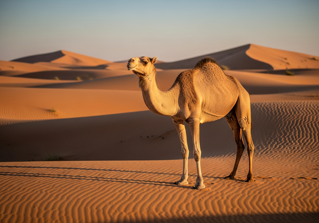 Dromedary camel with a single hump standing on golden desert sand dunes