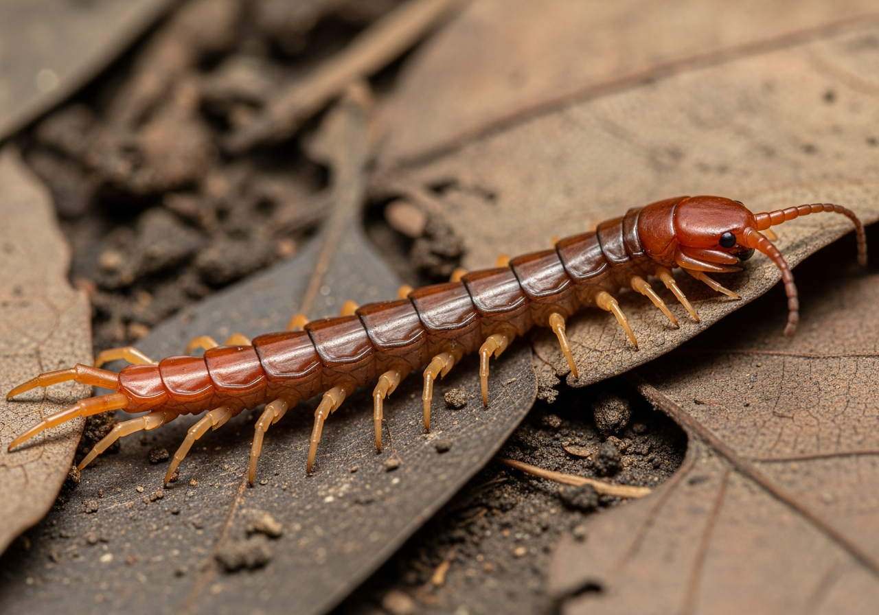 Reddish-brown centipede with long antennae and many legs on damp leaf litter