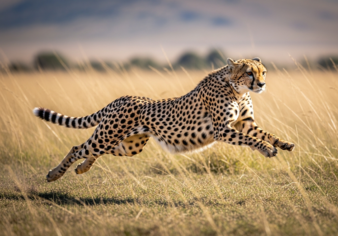 Cheetah sprinting across golden grassland with legs extended mid-stride