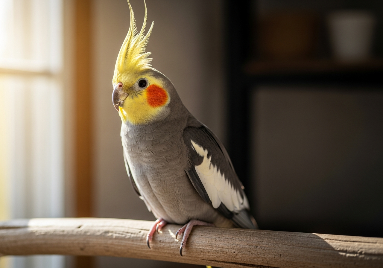 Grey cockatiel with yellow crest and orange cheek patches perched on a wooden perch