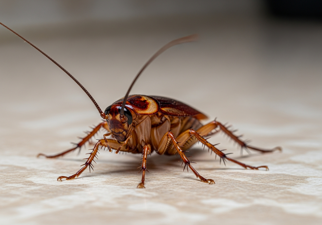 Brown cockroach with long antennae on a flat surface