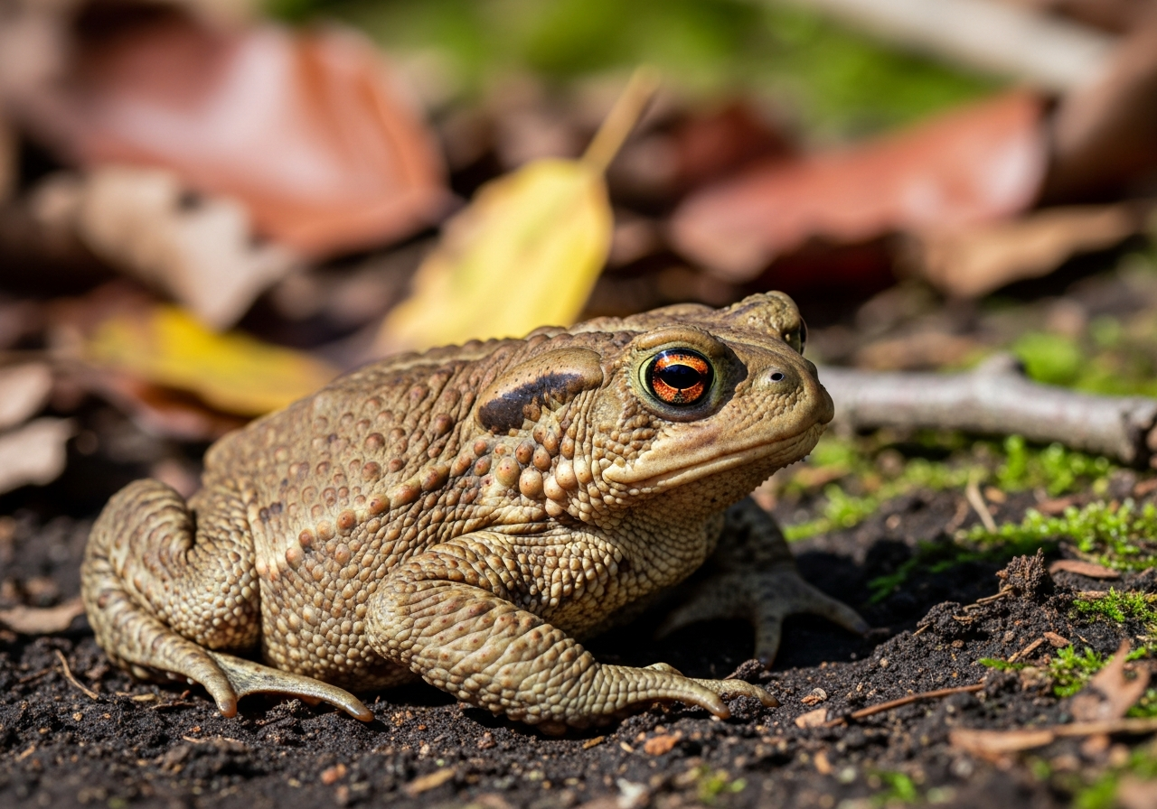 Brown warty common toad with copper eyes sitting on damp soil among leaves