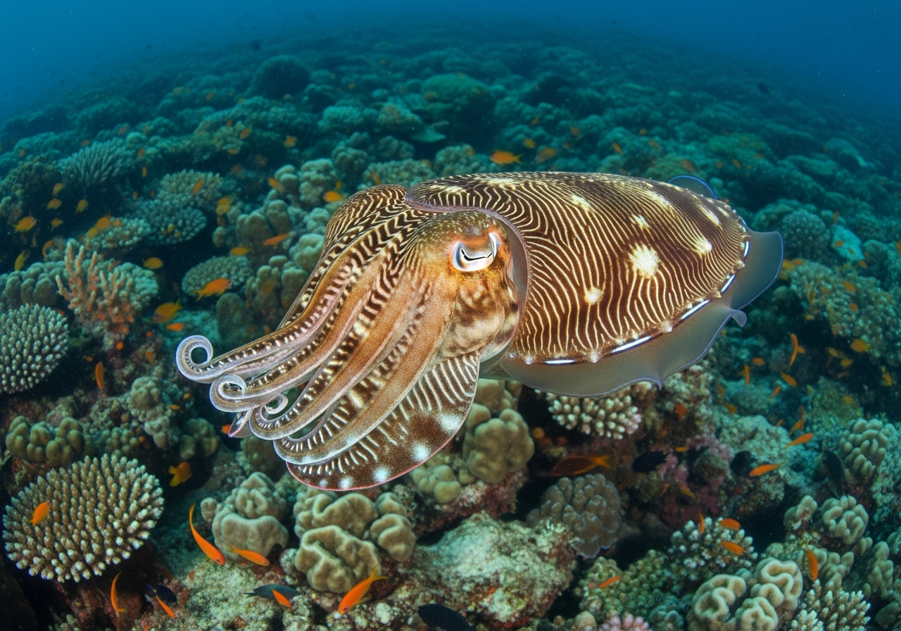 Cuttlefish hovering above the seabed with a patterned mantle and wavy fins