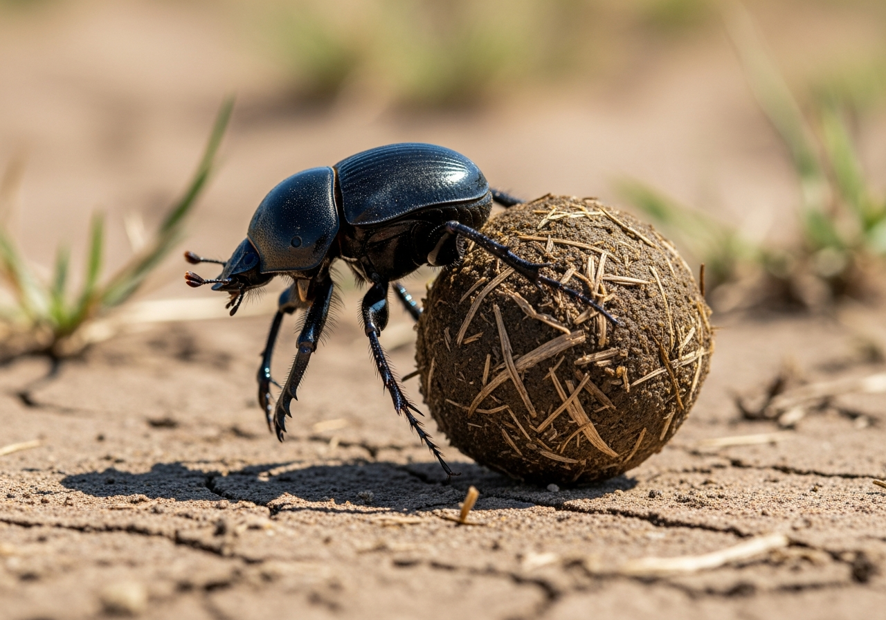 Black dung beetle rolling a ball of dung across the ground