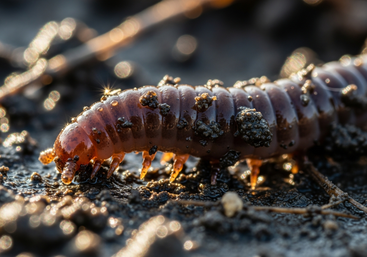 Reddish-brown earthworm on dark moist soil
