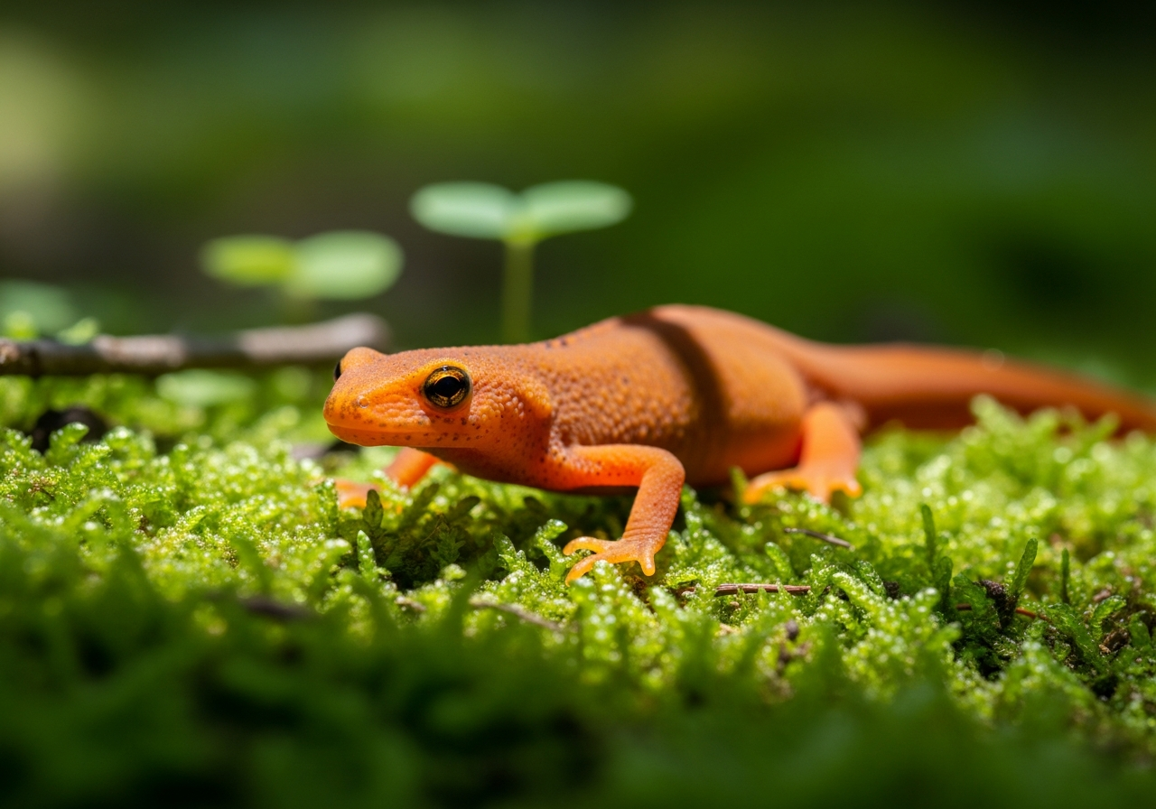 Bright orange red eft, the juvenile stage of the eastern newt, on a mossy log