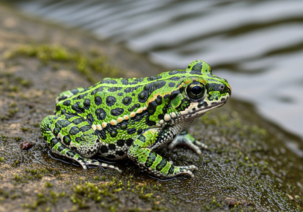 Small green and black fire-bellied toad showing its bright red and black underside