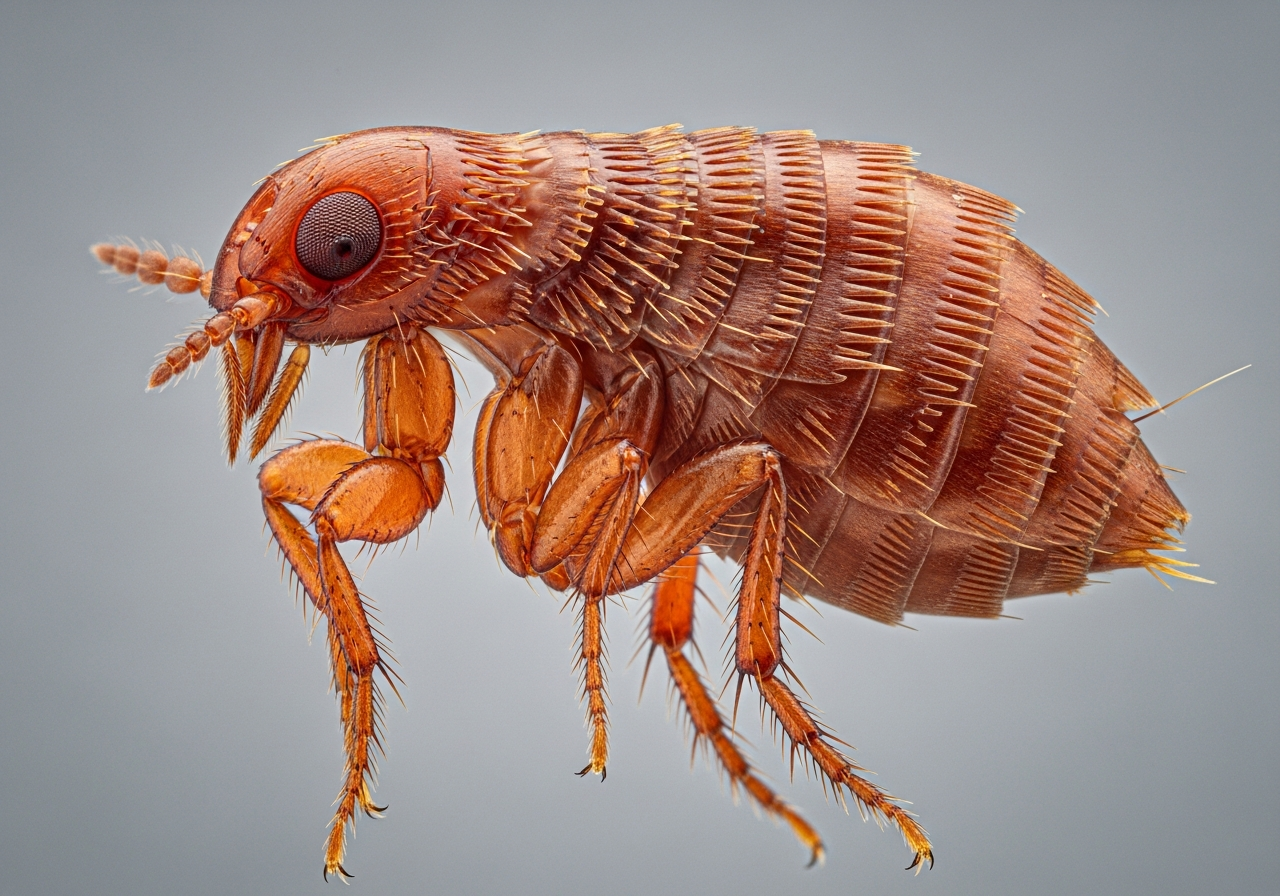 Close-up of a dark, flattened flea with long hind legs