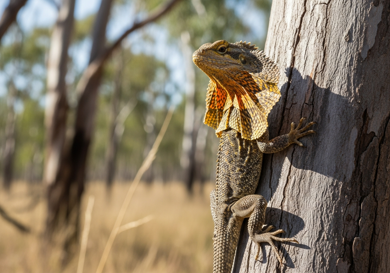 Frilled lizard standing with its large neck frill flared open and mouth gaping