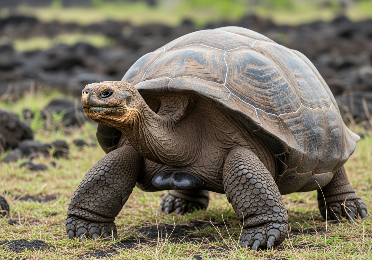 Giant Galápagos tortoise with a domed shell grazing on grass in a highland meadow