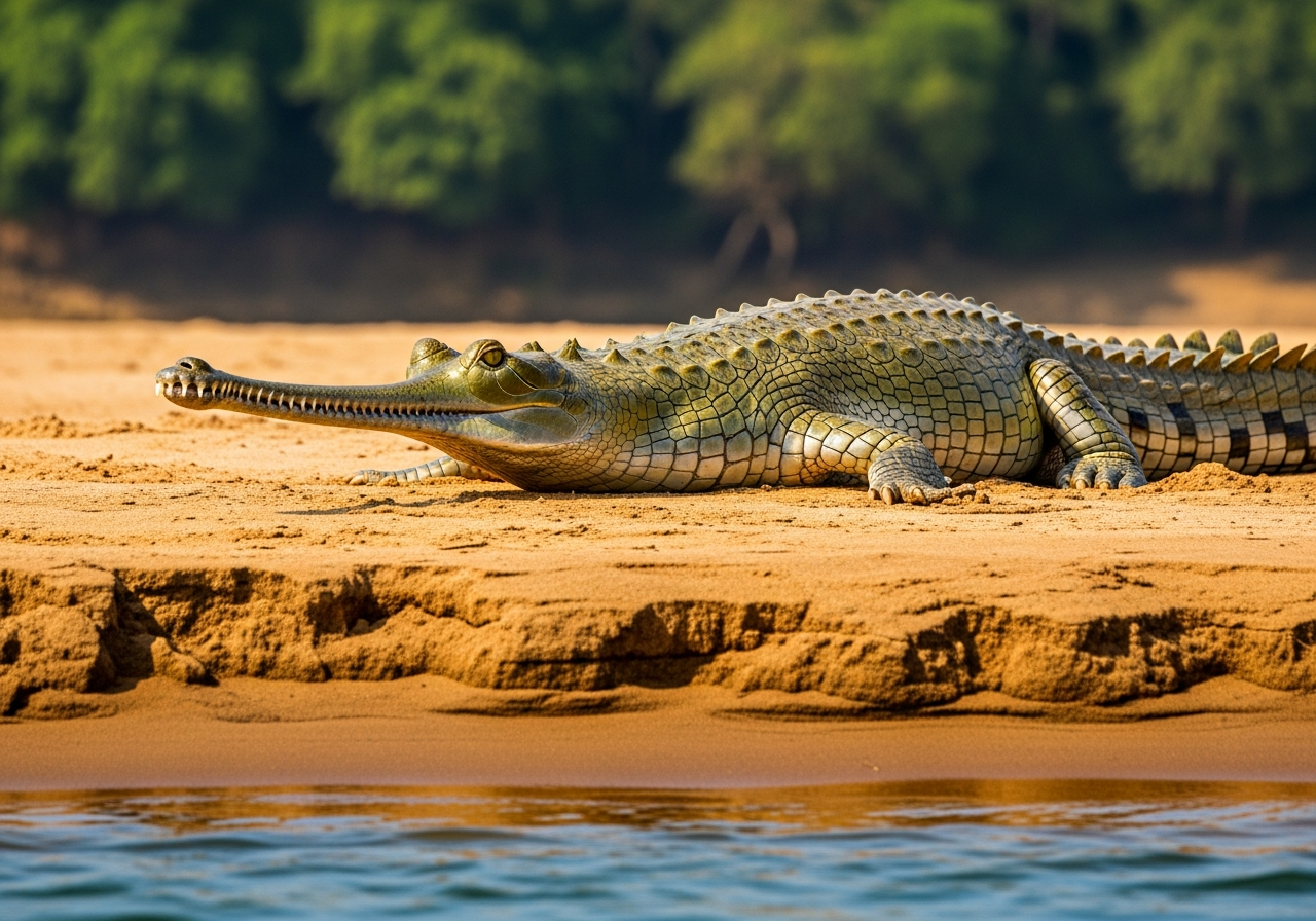 Gharial with a long thin snout resting on a sandy river bank