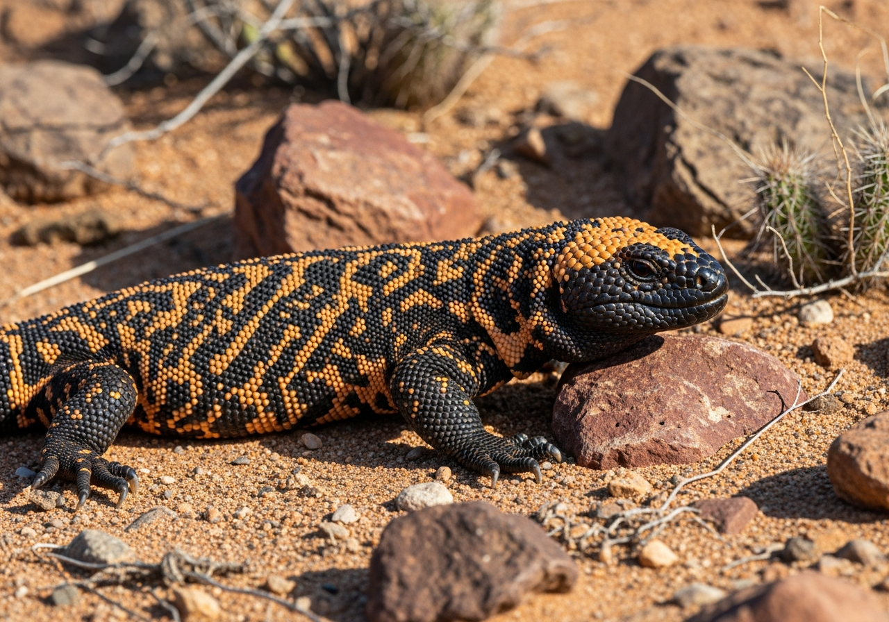 Gila monster with black and orange beaded skin walking across desert sand