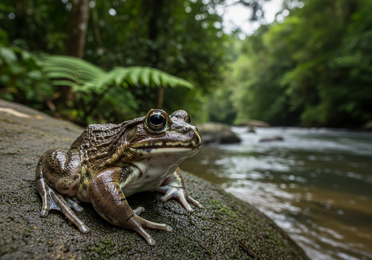 Enormous Goliath frog resting on a wet rock beside a fast-flowing rainforest river