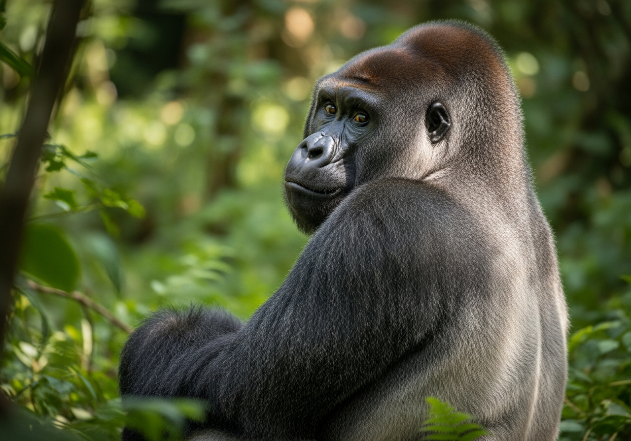 Adult silverback gorilla sitting in a green rainforest clearing in dappled sunlight