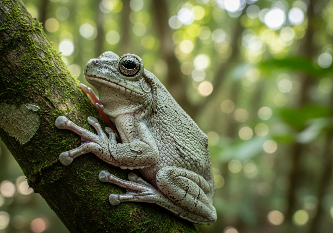 Mottled gray tree frog with large toe pads clinging to a tree branch