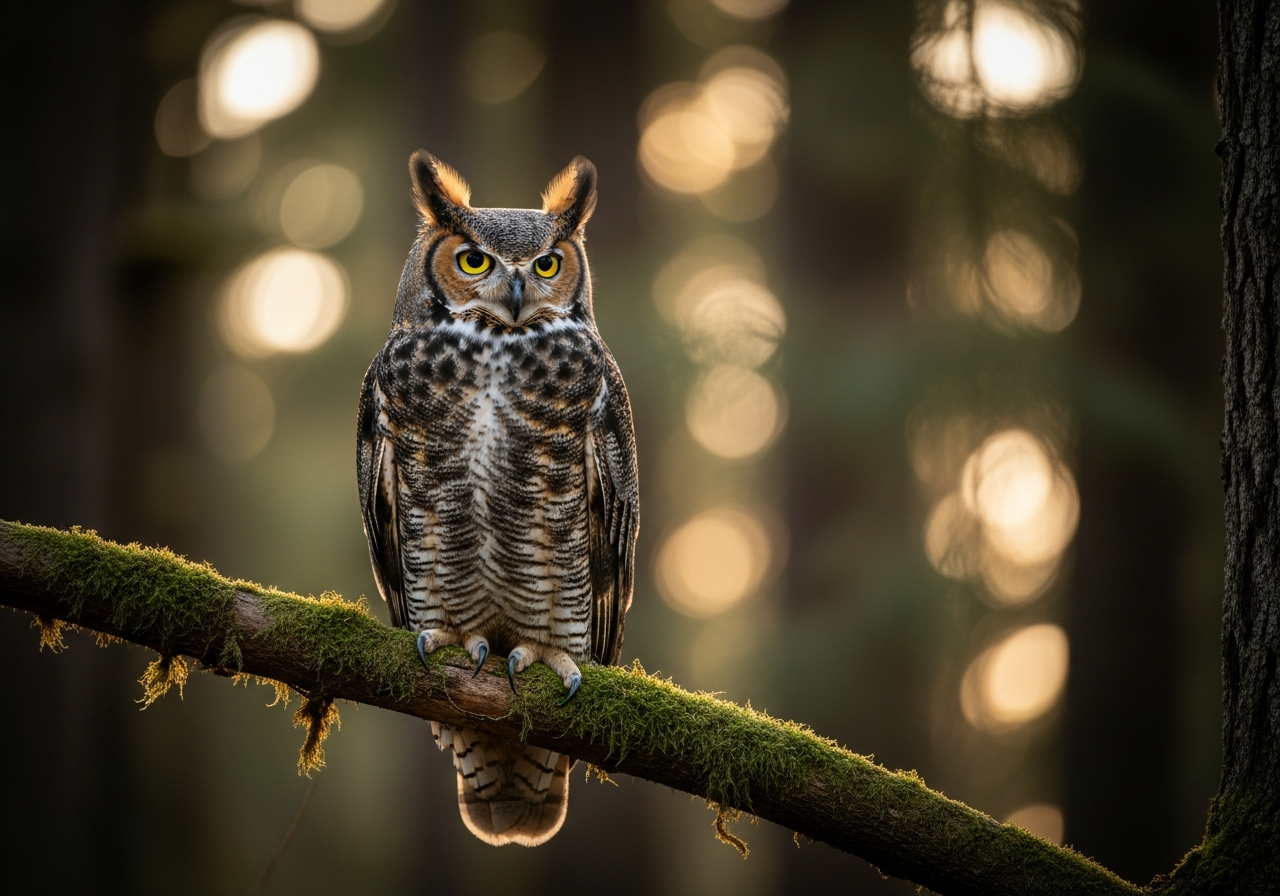 Great horned owl with prominent ear tufts and yellow eyes perched in a forest at dusk