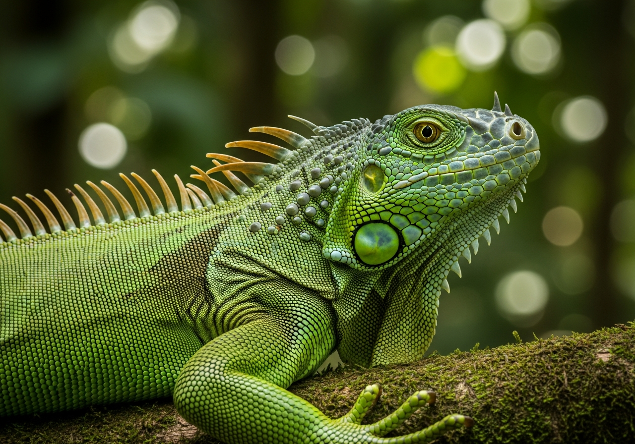 Green iguana with spiny crest and dewlap perched on a tree branch in the rainforest