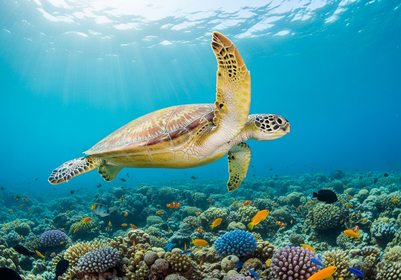Green sea turtle gliding through clear blue water over a coral reef