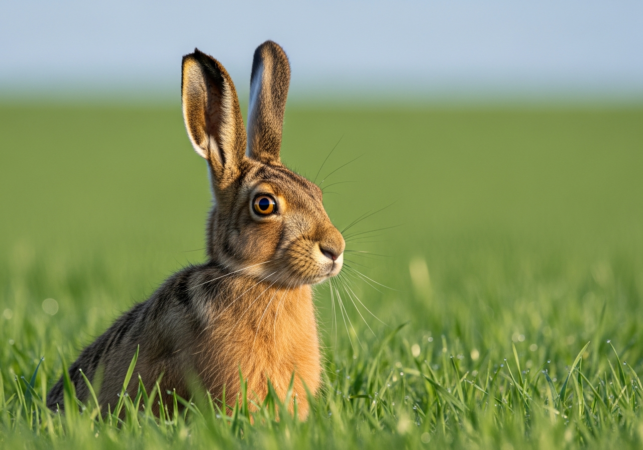 European brown hare with long black-tipped ears sitting alert in a green farmland field