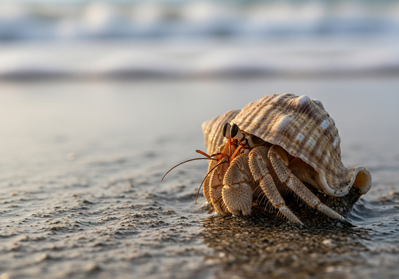 Hermit crab peeking out of a spiral snail shell on wet sand
