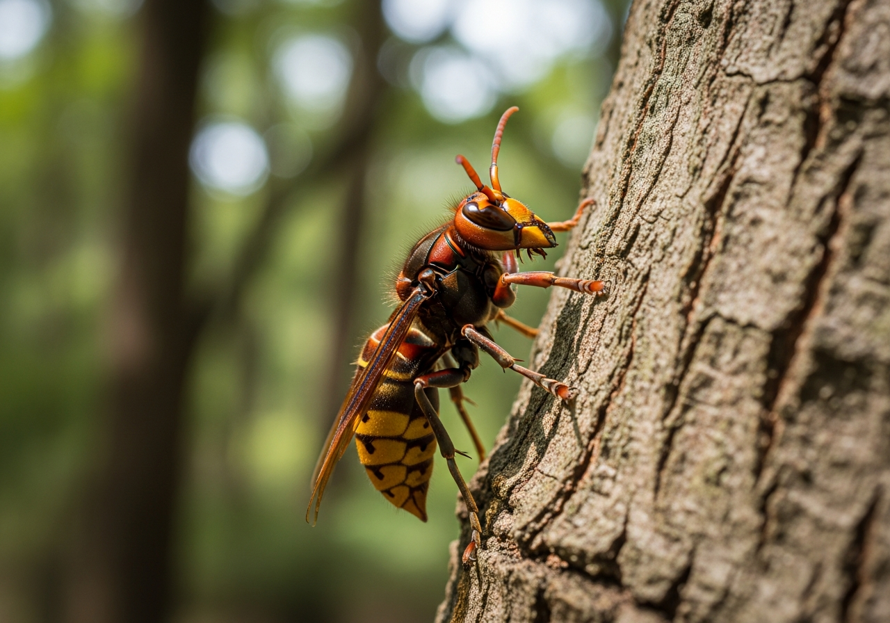 Large Asian giant hornet with orange head and striped body on a wooden surface