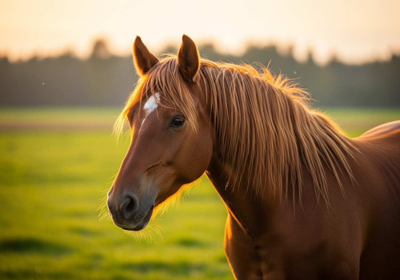 Chestnut brown horse standing in a green meadow at golden hour