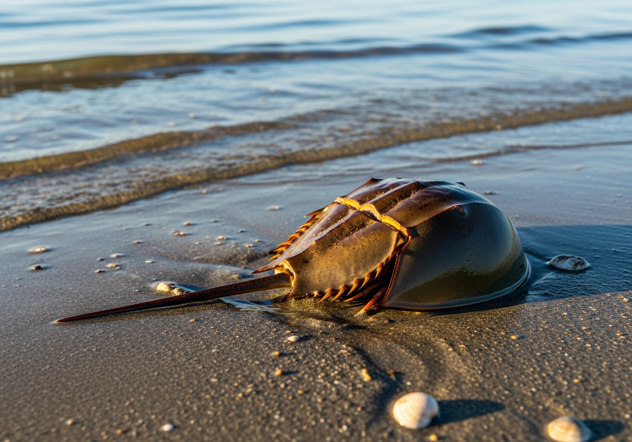 Atlantic horseshoe crab with a domed shell and long pointed tail on a sandy beach