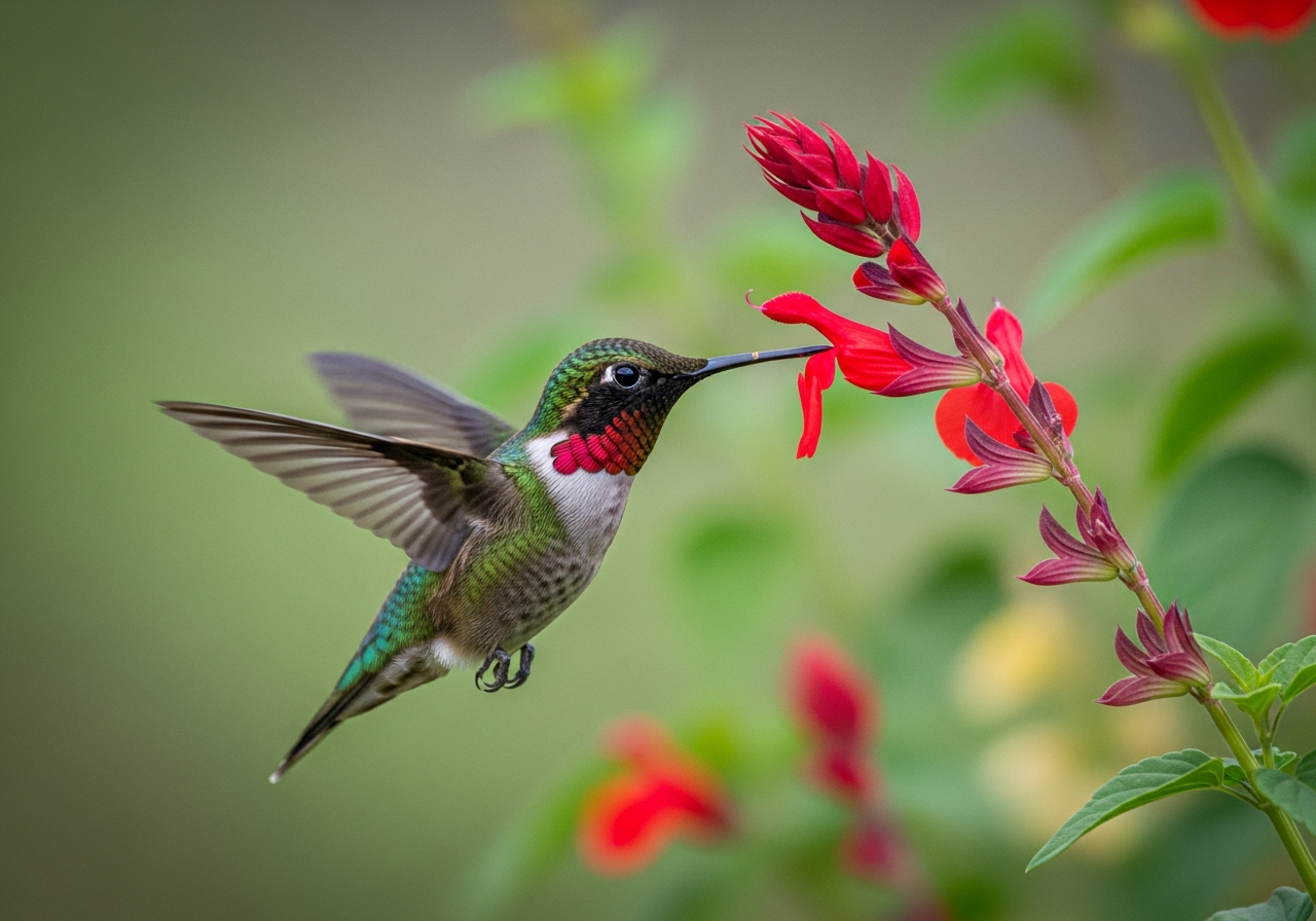 Ruby-throated hummingbird hovering beside a red flower with wings blurred in motion
