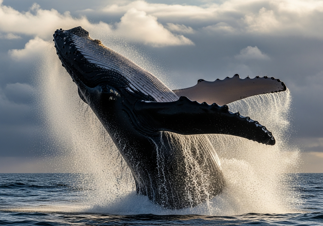 Humpback whale breaching out of the open ocean with spray