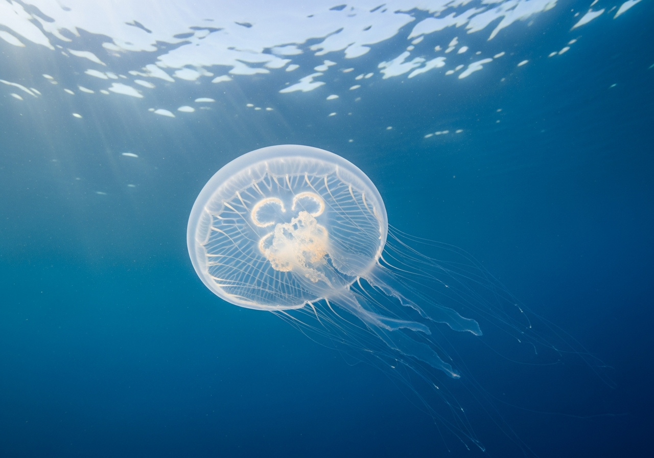 Translucent moon jellyfish drifting in deep blue ocean water