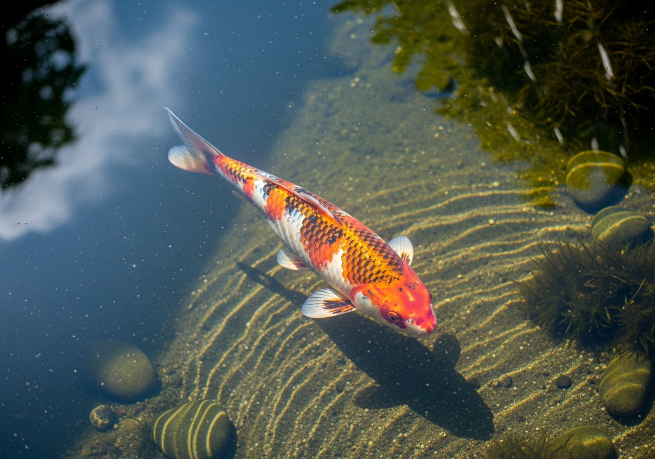 Orange, white, and black koi carp swimming near the surface of a garden pond