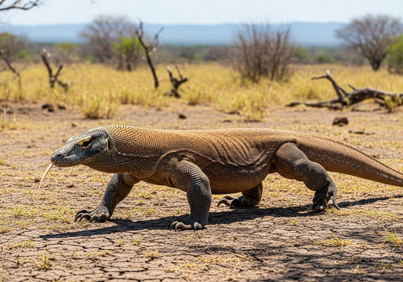 Komodo dragon walking across dry ground with its forked tongue out