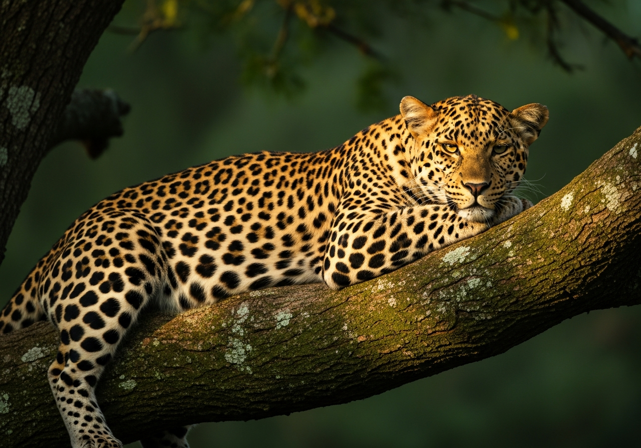 Leopard resting on a tree branch with rosette spots in dappled light