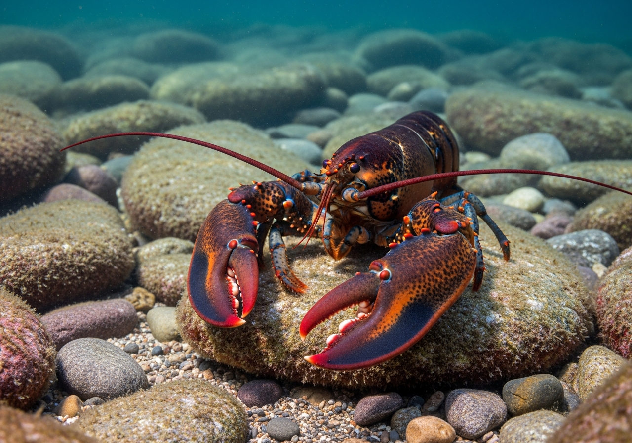 Dark blue-green American lobster with large front claws on a rocky seabed